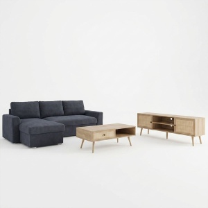 Set mobilier studenti coltar reversibil extensibil, masuta de cafea si comoda TV, 3 buc, Flux, Stejar, 236x164x88 cm - Img 2