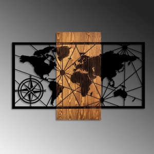 Fa és fém kép World, dió, 57x84 cm - Img 4