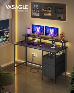 Íróasztal, Vasagle, LED, 2 USB-A, fekete, 55x135x90 cm