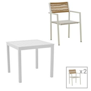 Kerti asztal és szék szett, Savor-Kliton, alumínium, fehér/natúr rattan, 80x80x74 cm, 3 db-os