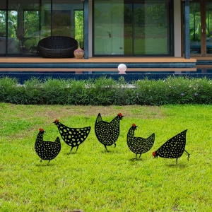 Kerti dekoratív fém kiegészítők szettje, Chickens, fekete, 28x26 cm