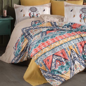 Egyszemélyes ágyneműhuzat, Boho V1, 100% pamut, bézs