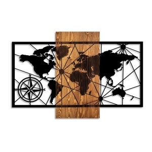 Fa és fém kép World, dió, 57x84 cm - Img 5