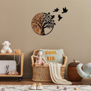 Fali dekoráció, fából és fémből, Tree And Birds, fekete, 92x3x71 cm - Img 1