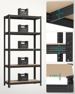 Fém polc, Songmics, fekete, 90x40x180 cm - Img 5