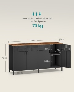 Fém TV komód, Songmics Bravon, fekete, 141x40x76 cm - Img 3