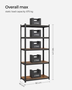 Polc 5 szintes, Songmics, 40 x 90 x 180 cm, barna, GLR040B11 - Img 9