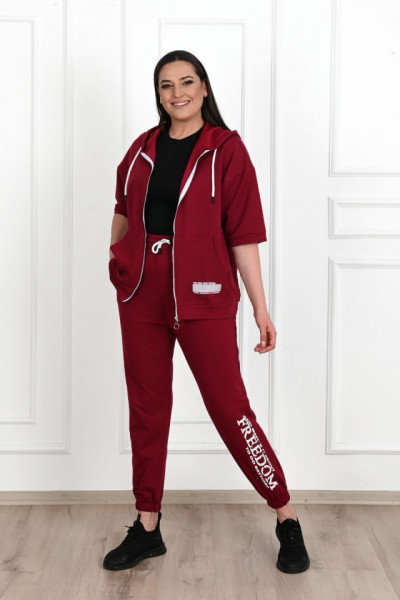 Trening dama Adrom din bumbac cu gluga FREEDOM, Plus Size, Visiniu