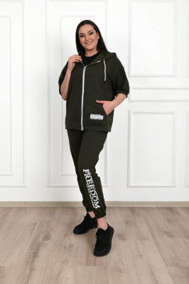 Trening dama Adrom din bumbac cu gluga FREEDOM, Plus Size Kaki