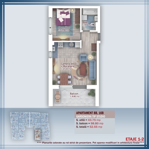 Apartament cu 2 camere, studio, etaj 1, nr 8, suprafata 52.55 mpt