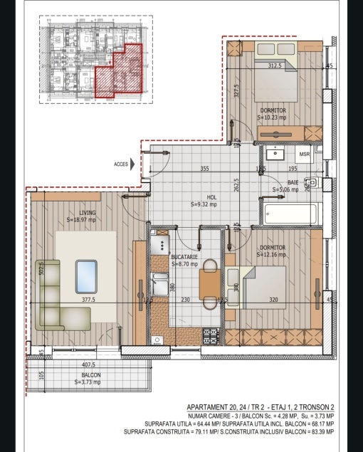 Apartament 3 camere, etaj 1/2, nr 5/9, suprafata 68.17 mpt - Ideal Residence Calitei