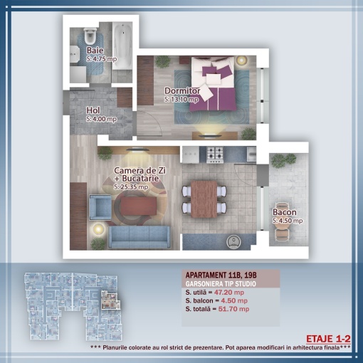 Apartament cu 2 camere, studio, etaj 1, nr 11, suprafata 51.85 mpt