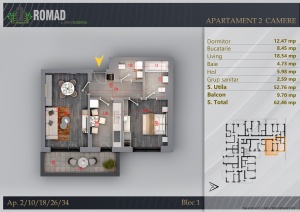 Apartament 2 camere decomandat, 2 Bai, suprafata 62.70 mpt, Romad By Romco, Apartamente noi Theodor Pallady