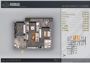 Apartament 3 camere, 2 Bai, Terasa, suprafata 72.71 mpt, Romad By Romco, Apartamente noi Theodor Pallady