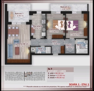 Apartament 3 camere decomandat cu 2 TERASE nr 9 / 16 scara 1 - suprafata 99.30 mpt - FIRST ONE - Calitei - Theodor Pallady - - PROMOTIE cu PARCARE inclusa