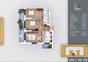 Apartament 3 camere decomandat, et 7, nr B102, suprafata 99.50mpt - Img 4