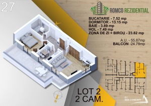 Apartament 2 camere cu terasa, penthouse, etaj 3, nr 27 , suprafata 80.65 mpt, Romco Bratarii