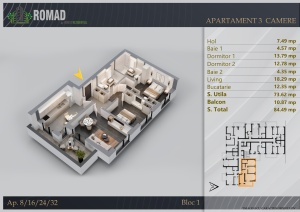 Apartament 3 camere decomandat, 2 Bai, TERASA,suprafata 85.16 mpt, Romad By Romco, Apartamente noi Theodor Pallady - Img 2