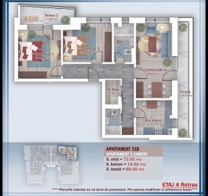 Apartament 3 camere decomandat cu 2 BALCOANE si CAMARA, et 4, nr 31 sc B, suprafata 89.90 mpt, Theodor Pallady, Nicolae Teclu