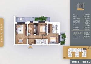 Apartament 3 camere decomandat cu dressing, et 5, nr C50, suprafata 97.67mpt - Img 2