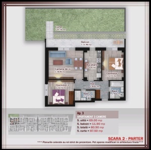 Apartament 3 camere decomandat cu GRADINA nr 3 sc2 - suprafata 80.90+87.50 mpt - FIRST ONE - Calitei - Theodor Pallady - Sector 3