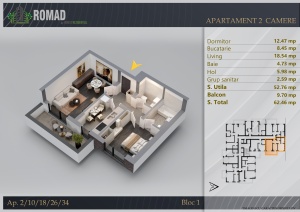 Apartament 2 camere decomandat, 2 Bai, suprafata 62.70 mpt, Romad By Romco, Apartamente noi Theodor Pallady - Img 2