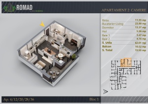 Apartament 3 camere, 2 Bai, Terasa, suprafata 72.71 mpt, Romad By Romco, Apartamente noi Theodor Pallady - Img 2