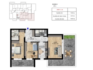 Apartament 3 camere cu TERASA tip PENTHOUSE, scB, nr29, suprafata 72.20 + 33.75 mp, Theodor Pallady, Victor Brauner, Metrou N.Teclu