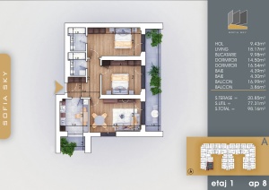 Apartament 3 camere, et 1, nr 8, suprafata 98mpt - Img 2