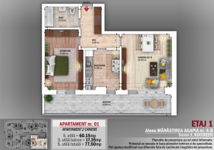 Apartament 2 camere, Metrou Nicolae Grigorescu , Nr 01, Et 1, suprafata 77.50mpt, - Img 3