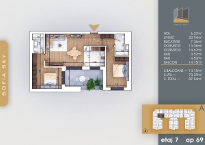 Apartament 3 camere cu terasa, et 7, nr 69, suprafata 88mpt - Img 1