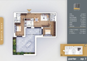 Apartament 3 camere cu terasa, et parter, nr C7, suprafata 74.26+52.93mpt - Img 4