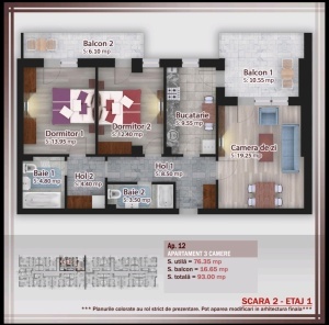 Apartament 3 camere decomandat cu TERASA nr 12-26 sc2 - suprafata 93 mpt - FIRST ONE - Calitei - Theodor Pallady - Sector 3