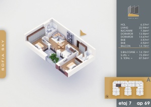 Apartament 3 camere cu terasa, et 7, nr 69, suprafata 88mpt - Img 2