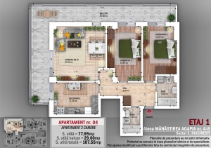 Apartament 3 camere cu TERASA, Metrou Nicolae Grigorescu, Nr 04, Et 1, suprafata 77.95+29.60mpt - Img 1
