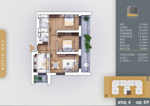 Apartament 3 camere decomandat, et 4, nr B59, suprafata 97.70mpt - Img 2