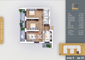 Apartament 3 camere decomandat, et 9, nr C81, suprafata 98mpt - Img 4