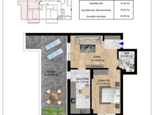 Apartament 2 camere decomandat cu TERASA, tip PENTHOUSE, scA, nr22, suprafata 47.45+34.45 mp, Theodor Pallady, Victor Brauner, Metrou N.Teclu