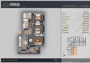 Apartament 3 camere decomandat, 2 Bai, TERASA,suprafata 85.16 mpt, Romad By Romco, Apartamente noi Theodor Pallady