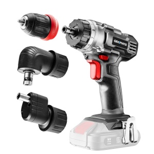 Bormasina, Energy+ 18V, Li-Ion, suport detașabil de 10 mm, plus adaptor unghiular și adaptor de colț, fără baterii