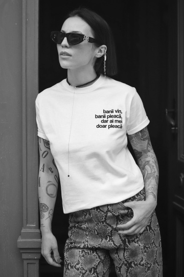 tricou unisex alb "banii vin, banii pleaca"