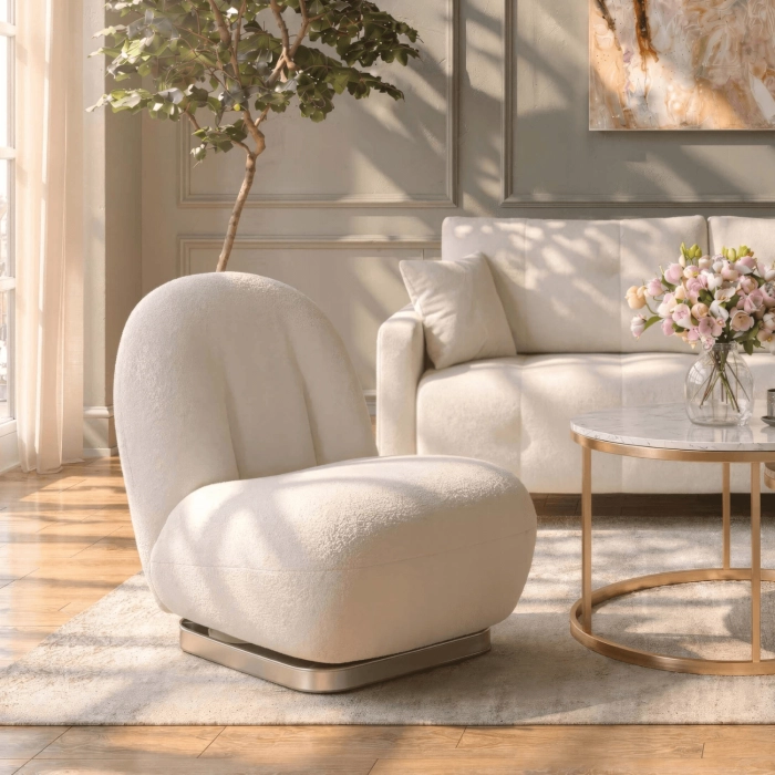 Fotoliu rotativ din material bouclé – eleganță, confort și design modern pentru orice încăpere