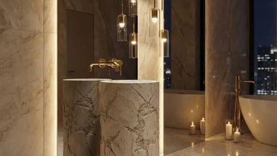 Lavoarul stativ Revello – eleganța pietrei naturale într-o baie modernă și exclusivistă