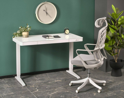 BIROU B52, CU FUNCTIE DE REGLARE A INALTIMII, ECRAN TACTIL SI PORT USB, ALB, DIN METAL SI STICLA, STIL MODERN