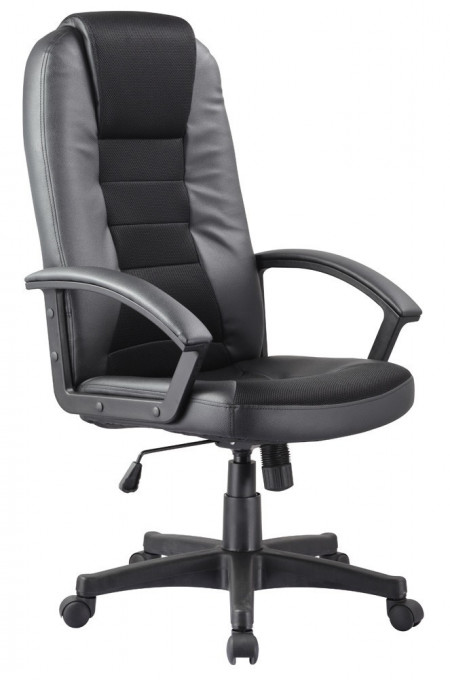 SCAUN DE BIROU PIVOTANT Q-019, NEGRU/NEGRU, TAPITERIE DIN PIELE ECOLOGICA SI STOFA SI PICIOR DIN METAL, STIL MODERN