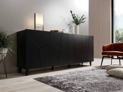 COMODA, CAMA-ETNA-KOM-CZ/CZ 200CM, DIN PLACI LAMINATE SI MDF, NEGRU MAT, DESIGN MODERN
