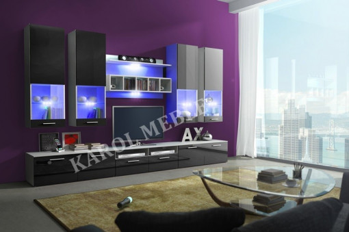 ANSAMBLU TV CU LED ALFA II KM ALB/NEGRU HIGH GLOSS - DESIGN MODERN