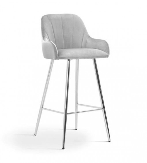 SCAUN DE BAR TULIP, 70 CM, GRI/CROM, TAPITERIE DIN CATIFEA SI PICIOARE DIN METAL, STIL MODERN