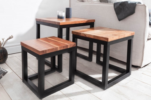 SET 3 MASUTE DE CAFEA, ELEMENTS, DIN LEMN SALCAM SI SUPORT METAL, COD 39576, ASPECT INDUSTRIAL
