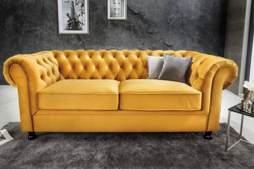 CANAPEA, WINDSOR 3 LOCURI, DIN LEMN MASIV SI CATIFEA GALBEN MUSTAR, COD 43117, STIL CHESTEFIELD
